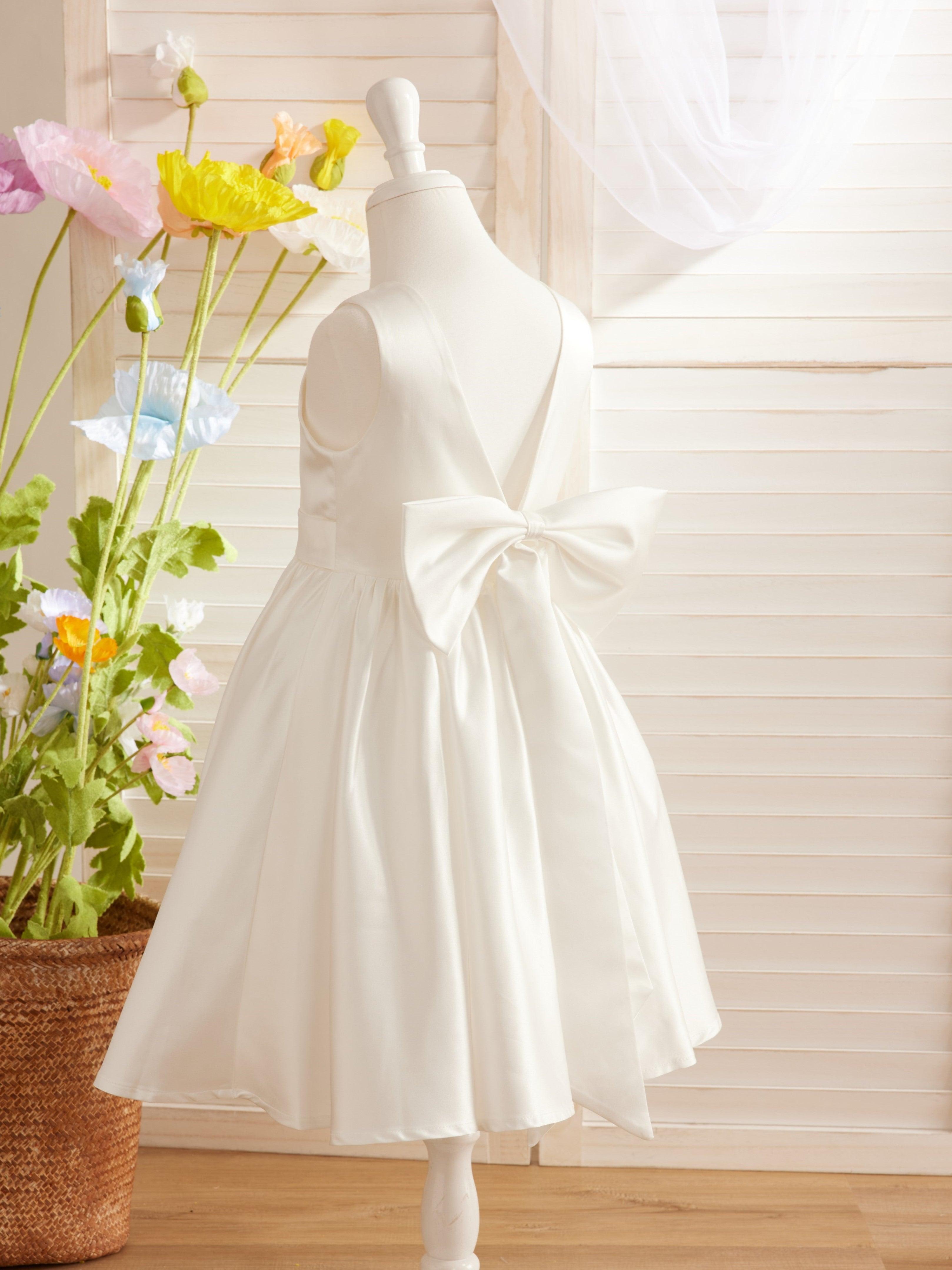 Ivory Satin Knee Length Flower Girl Dress Princess A Line Bow
