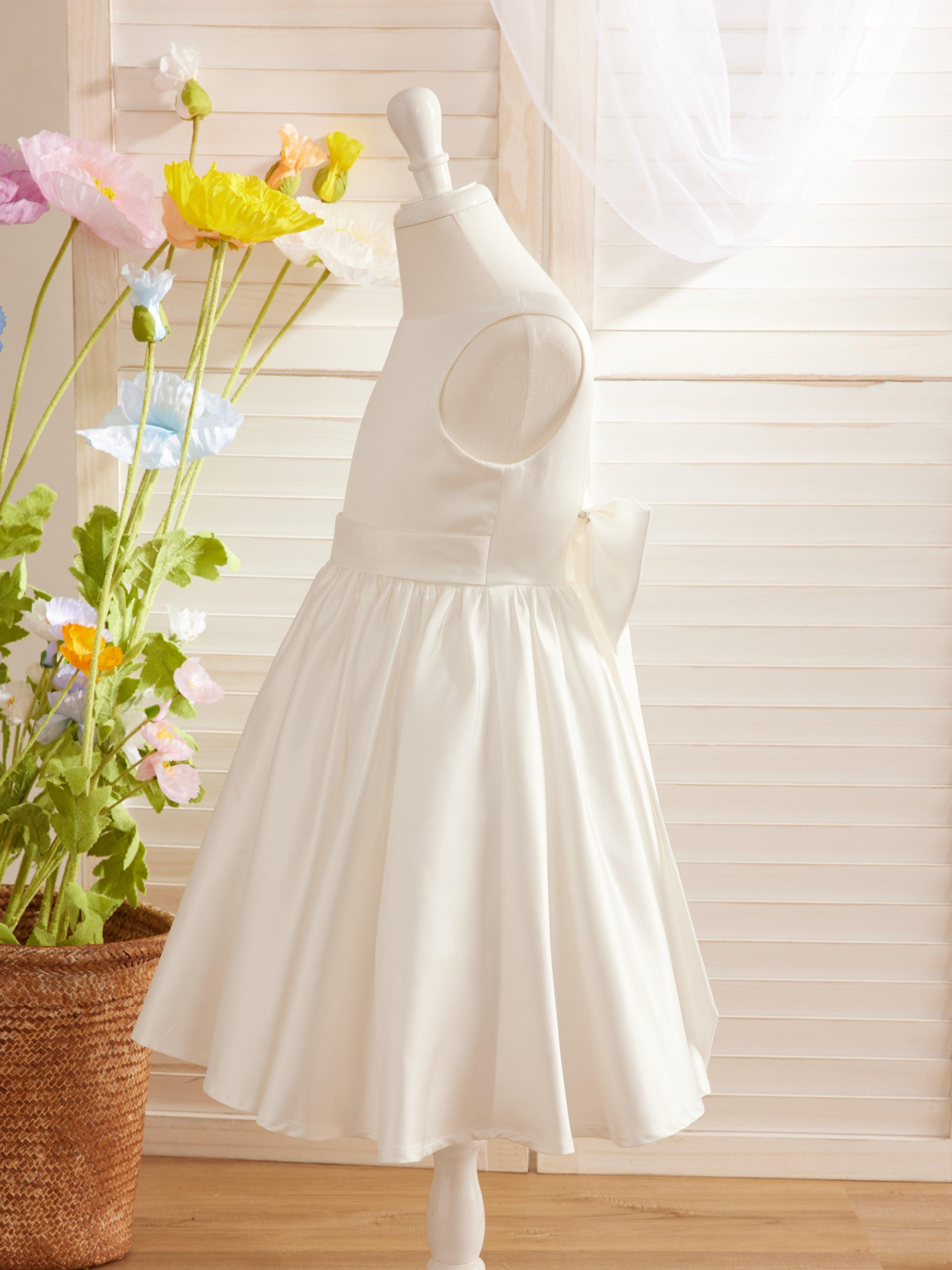 Ivory Satin Knee Length Flower Girl Dress Princess A Line Bow