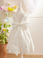 Ivory Satin Knee Length Flower Girl Dress Princess A Line Bow