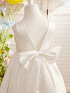 Ivory Satin Knee Length Flower Girl Dress Princess A Line Bow