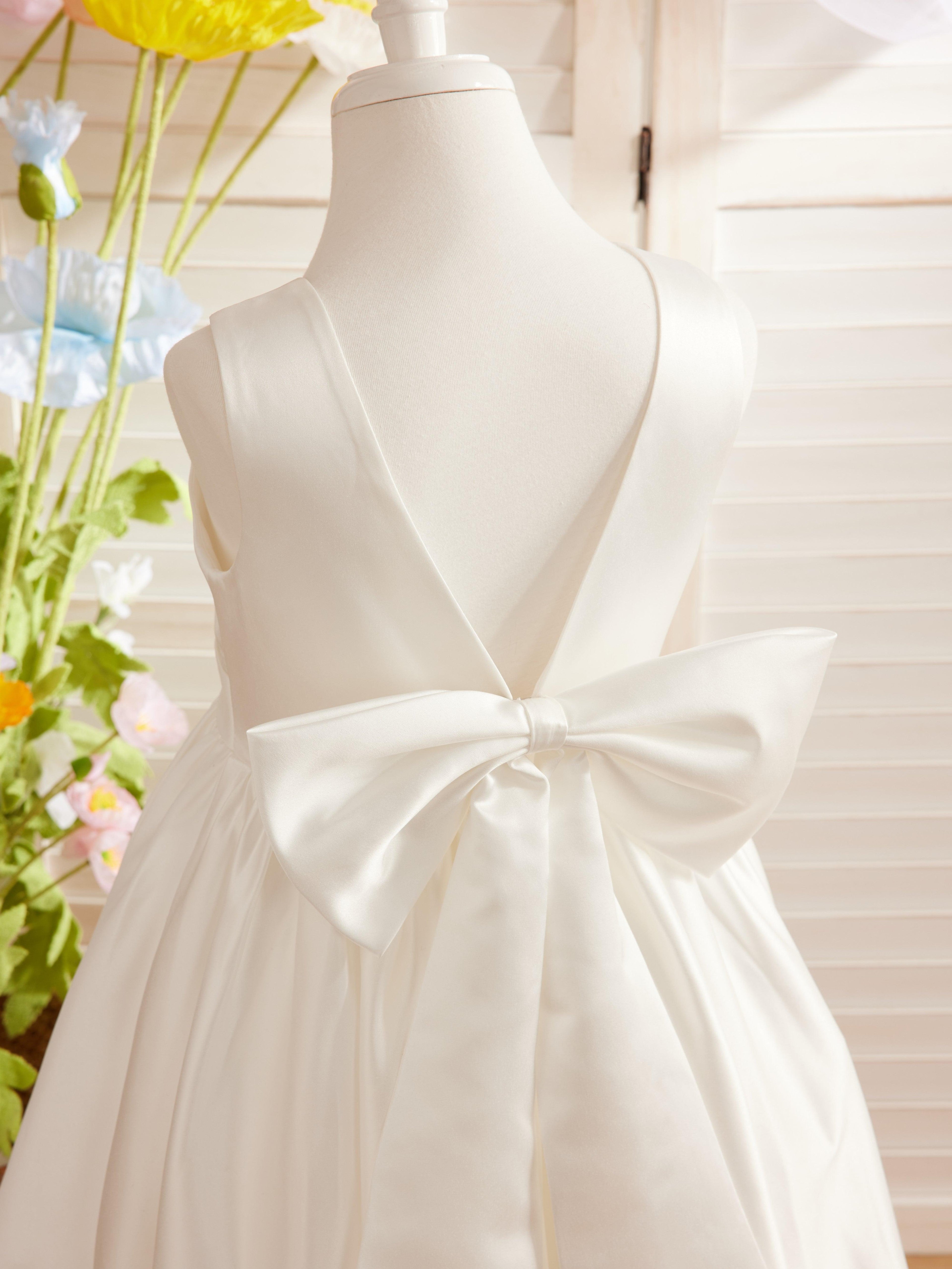 Ivory Satin Knee Length Flower Girl Dress Princess A Line Bow