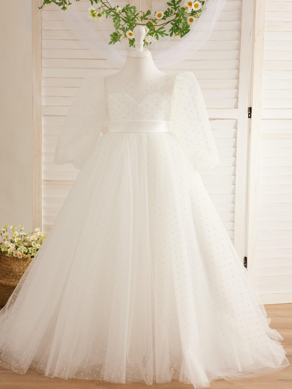 Ivory Polka Dot Tulle Puff Sleeve Sweep Train First Communion Flower Girl Dress