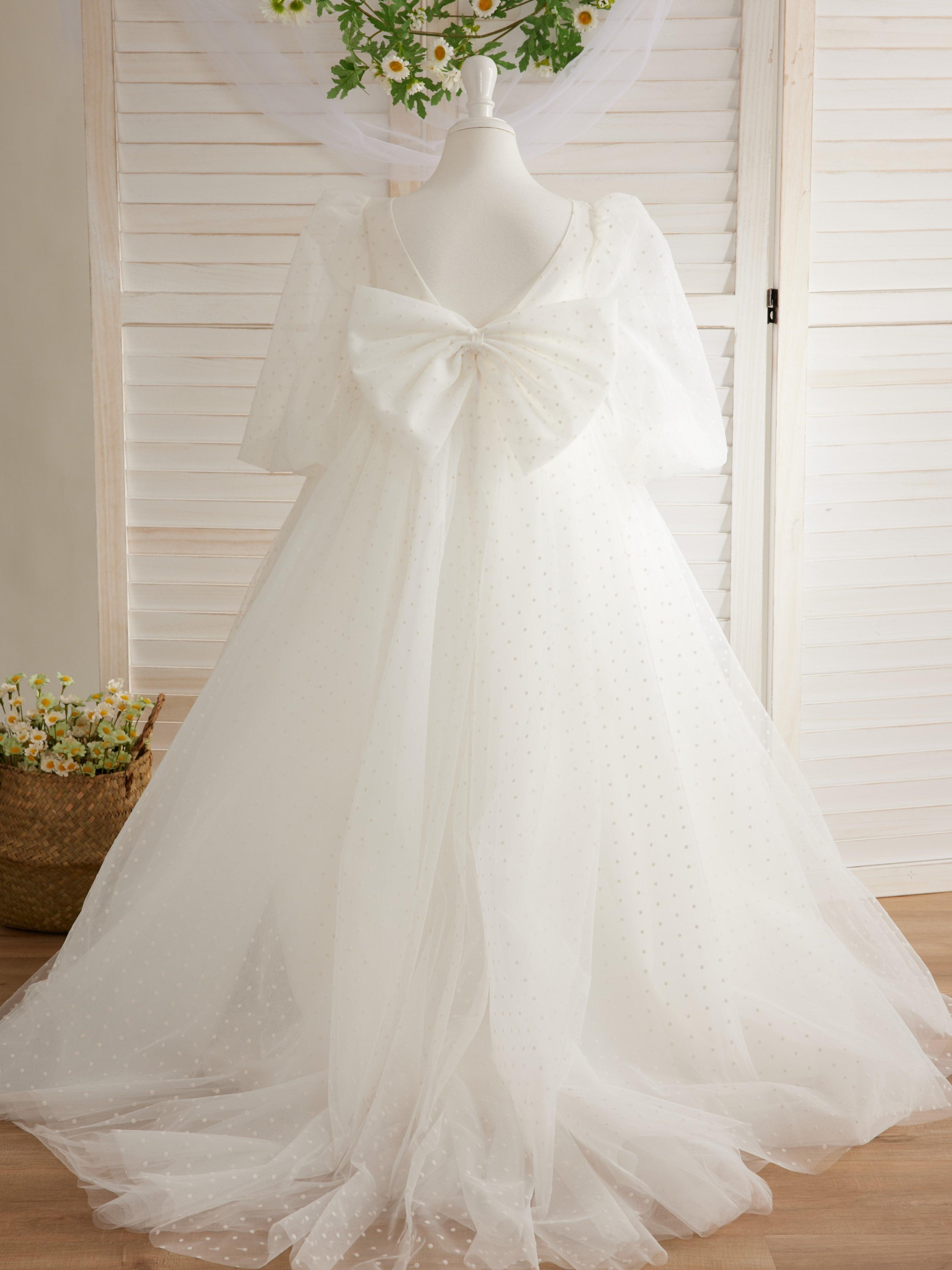 Ivory Polka Dot Tulle Puff Sleeve Sweep Train First Communion Flower Girl Dress