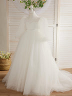 Ivory Polka Dot Tulle Puff Sleeve Sweep Train First Communion Flower Girl Dress
