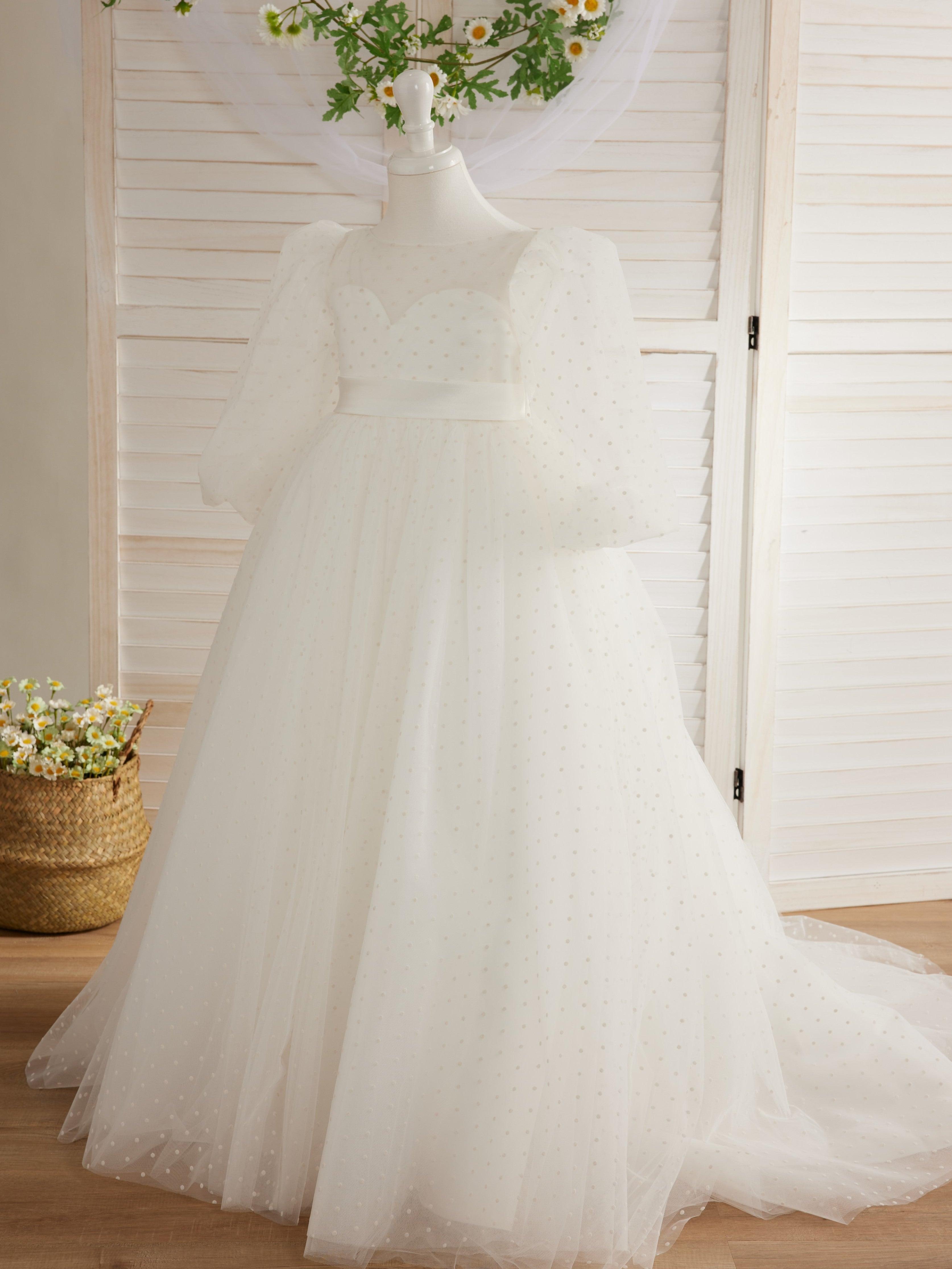 Ivory Polka Dot Tulle Puff Sleeve Sweep Train First Communion Flower Girl Dress