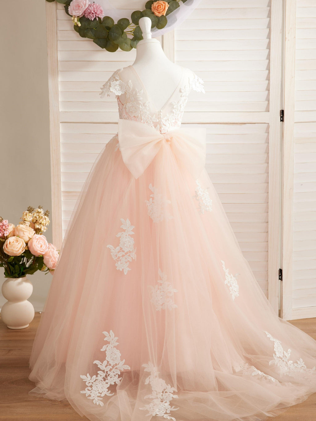 Ivory Lace Tulle First Communion Flower Girl Dress With Detachable Train