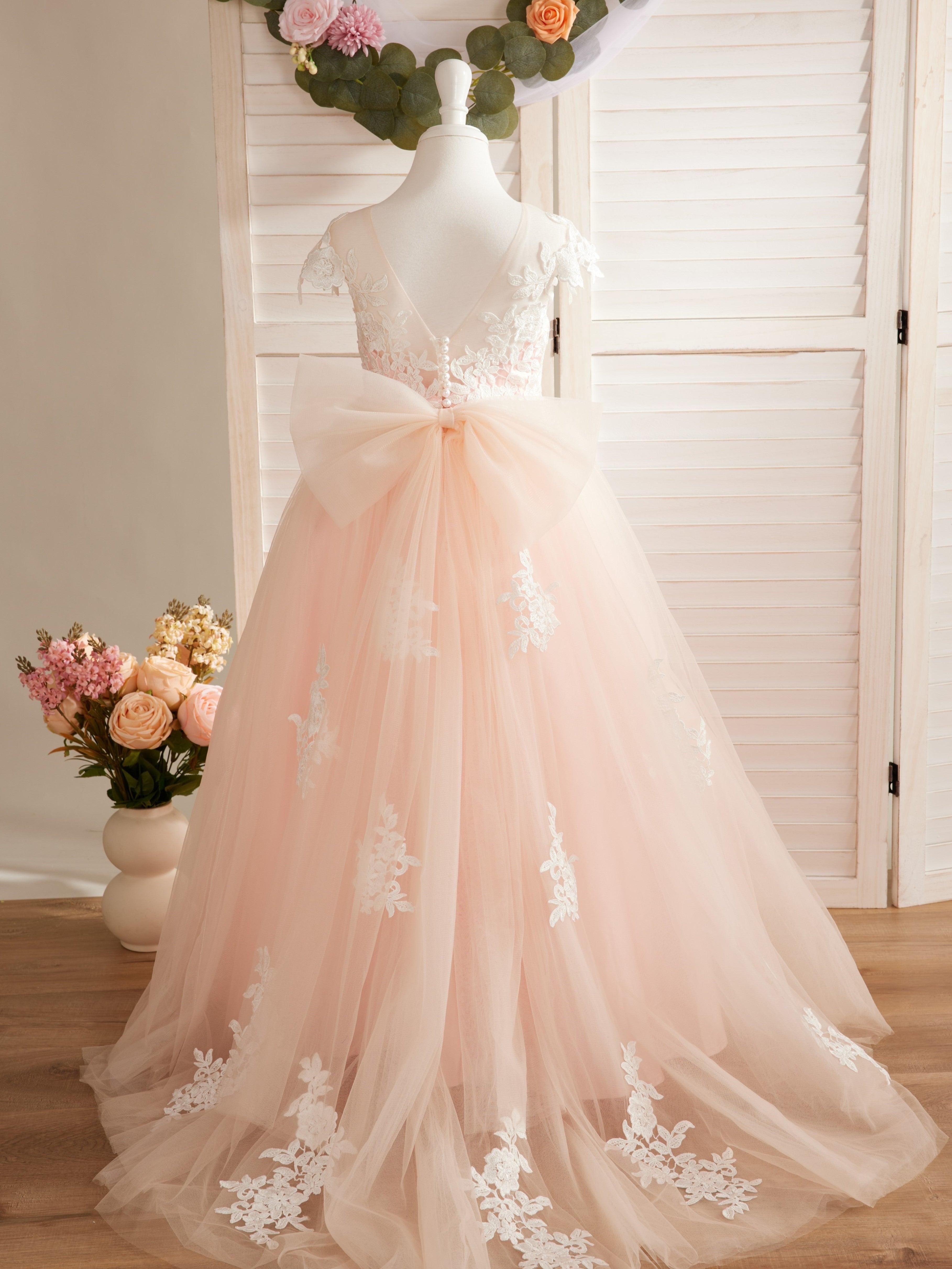 Ivory Lace Tulle First Communion Flower Girl Dress With Detachable Train