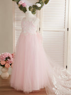 Sleeveless Princess Flower Girl Dress With Detachable Train And Beaded Lace