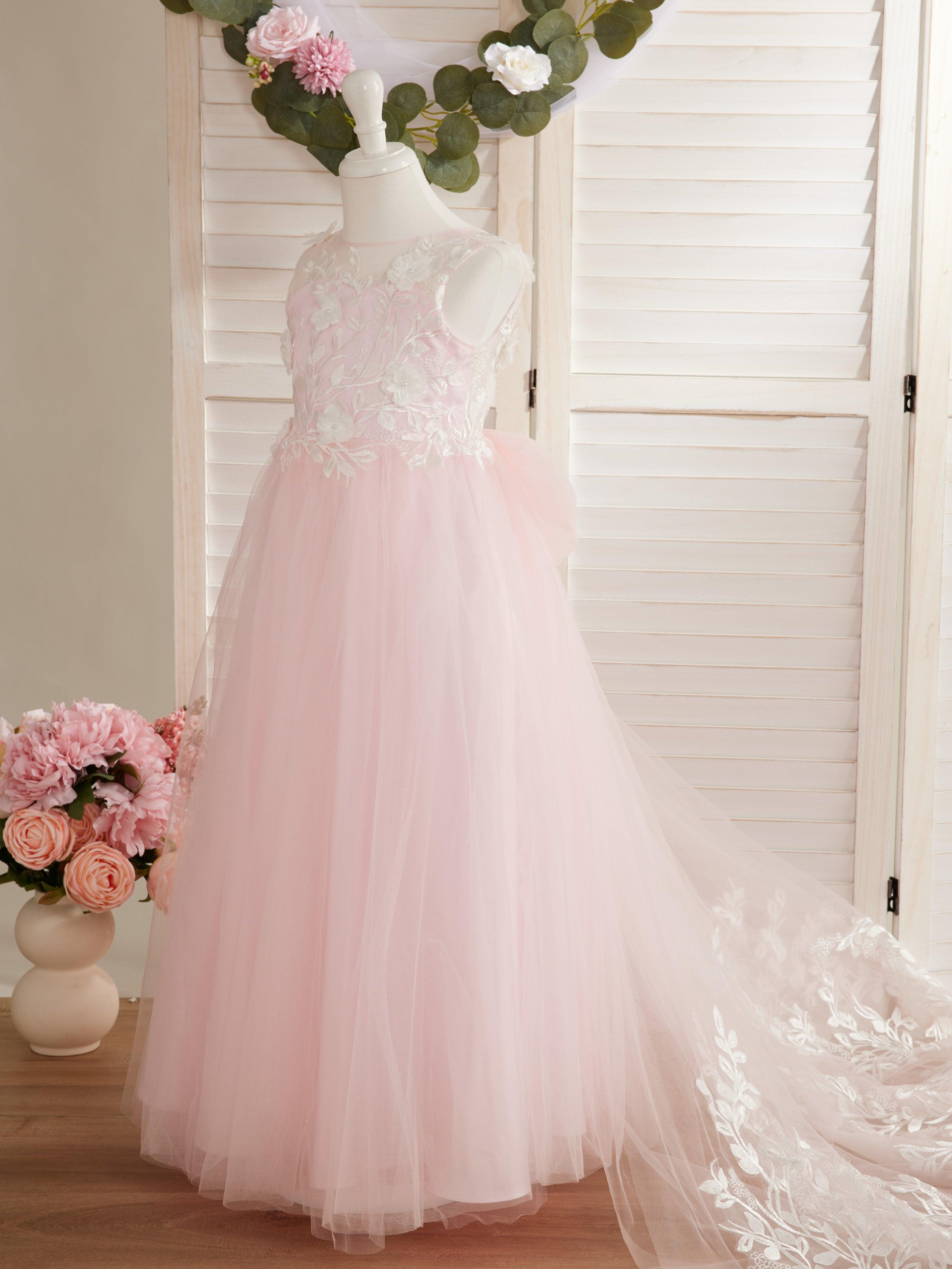 Sleeveless Princess Flower Girl Dress With Detachable Train And Beaded Lace