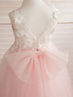Sleeveless Princess Flower Girl Dress With Detachable Train And Beaded Lace
