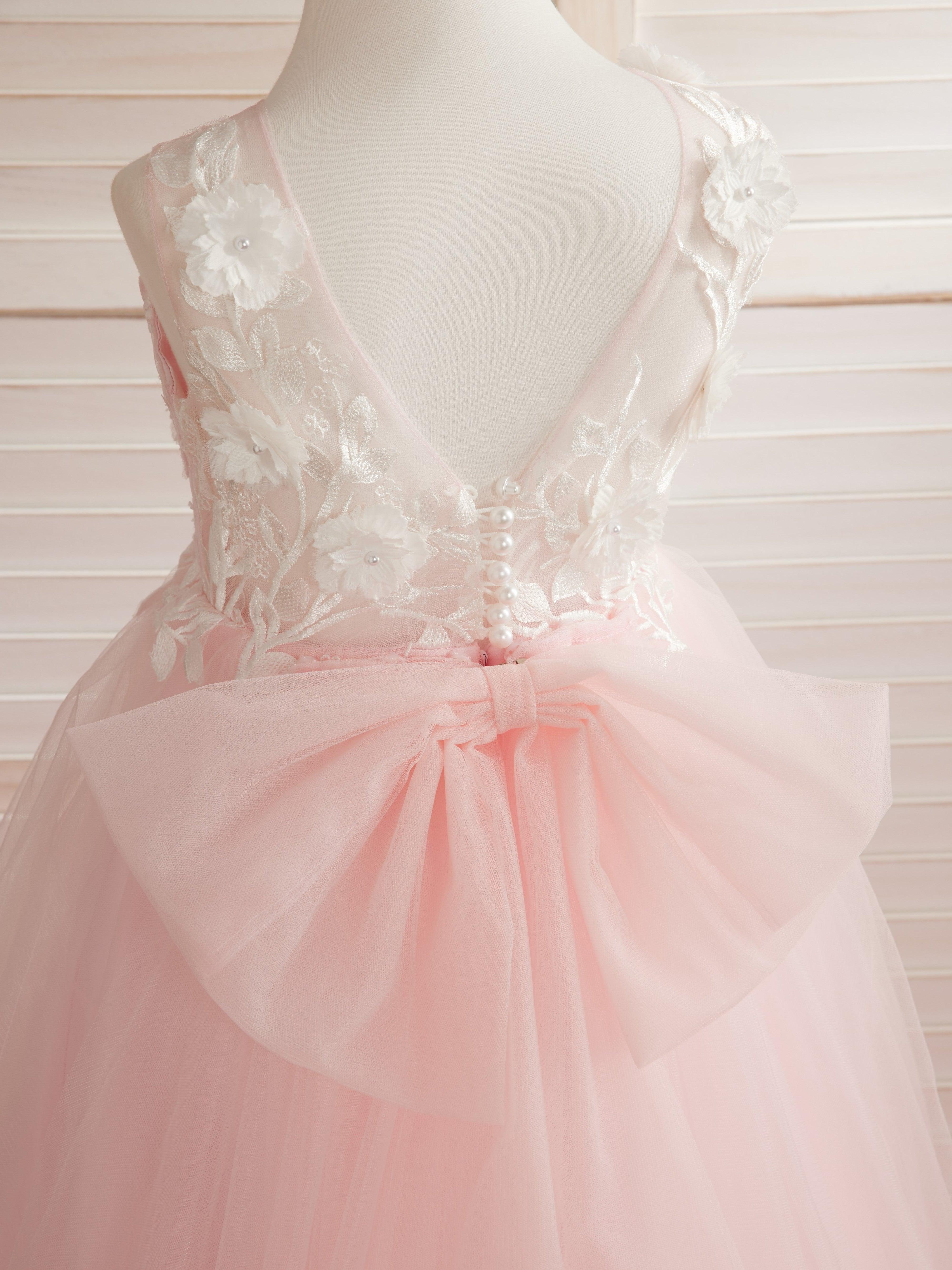 Sleeveless Princess Flower Girl Dress With Detachable Train And Beaded Lace