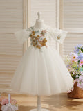 Elegant Tulle Organza Ball Gown Flower Girl Dress With Lace And Beading