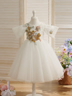 Elegant Tulle Organza Ball Gown Flower Girl Dress With Lace And Beading