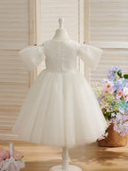 Elegant Tulle Organza Ball Gown Flower Girl Dress With Lace And Beading