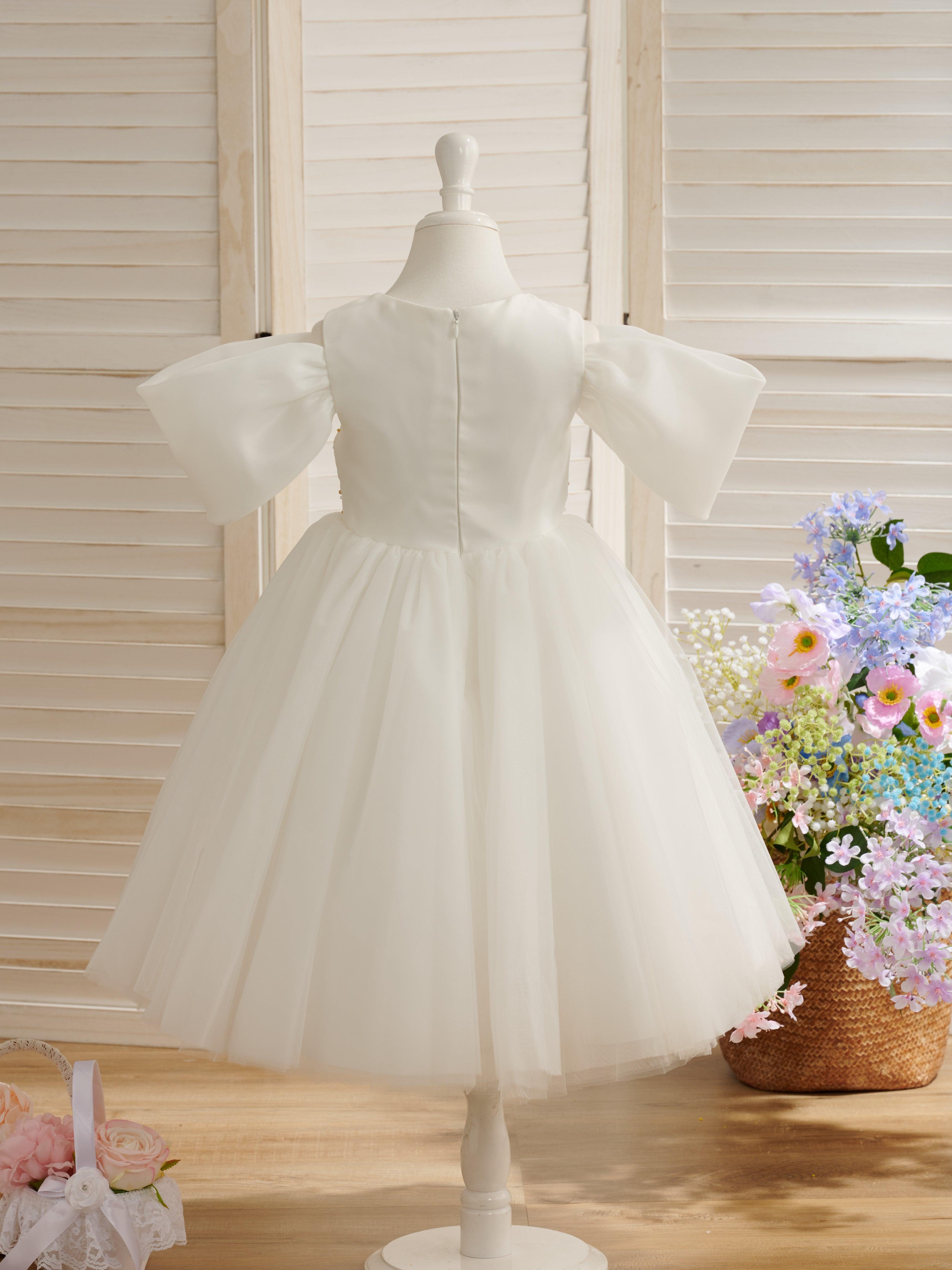 Elegant Tulle Organza Ball Gown Flower Girl Dress With Lace And Beading