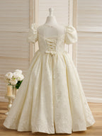Princess Satin Ball Gown Flower Girl Dress With Beading And Short Sleeves
