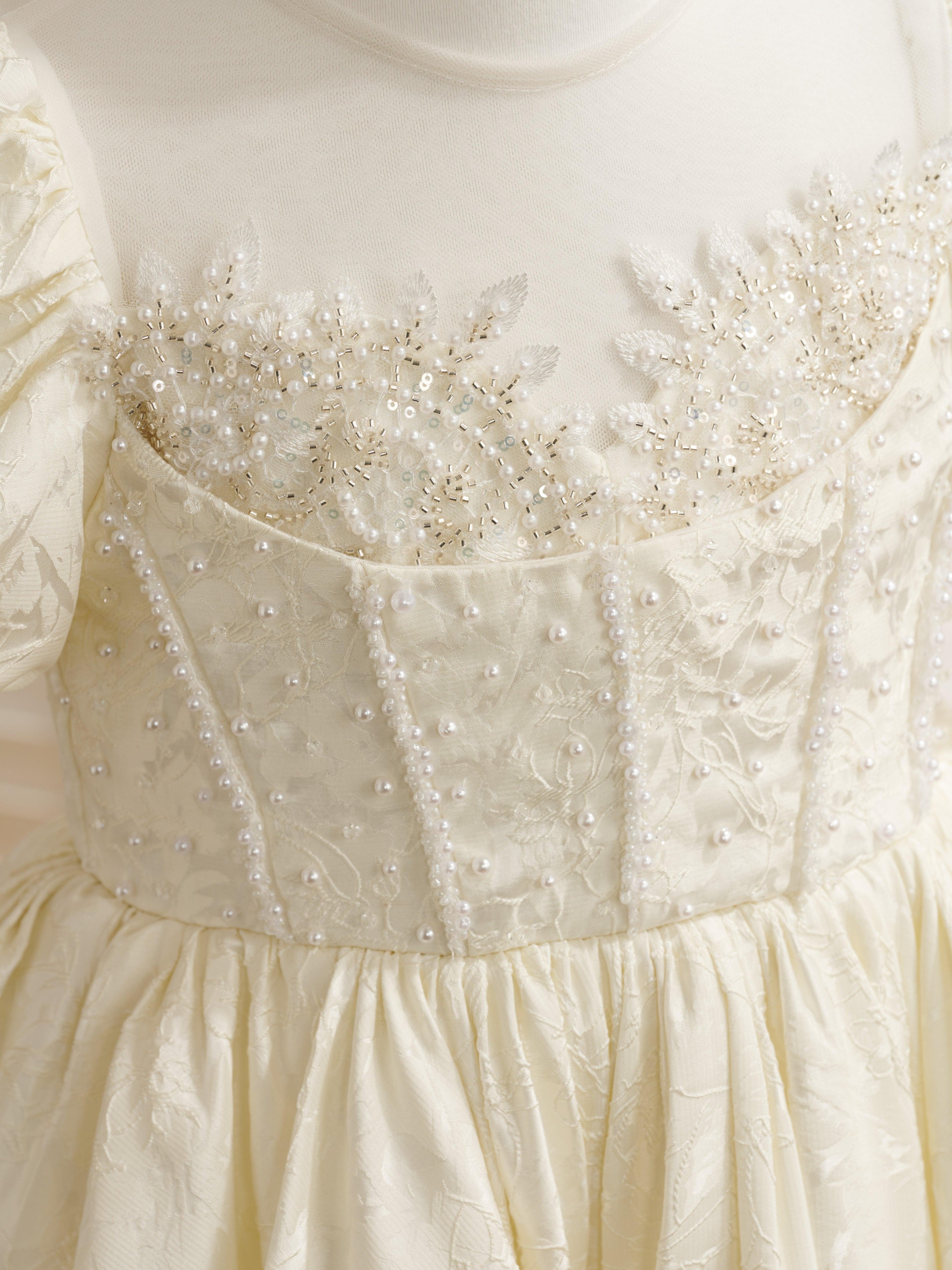 Princess Satin Ball Gown Flower Girl Dress With Beading And Short Sleeves