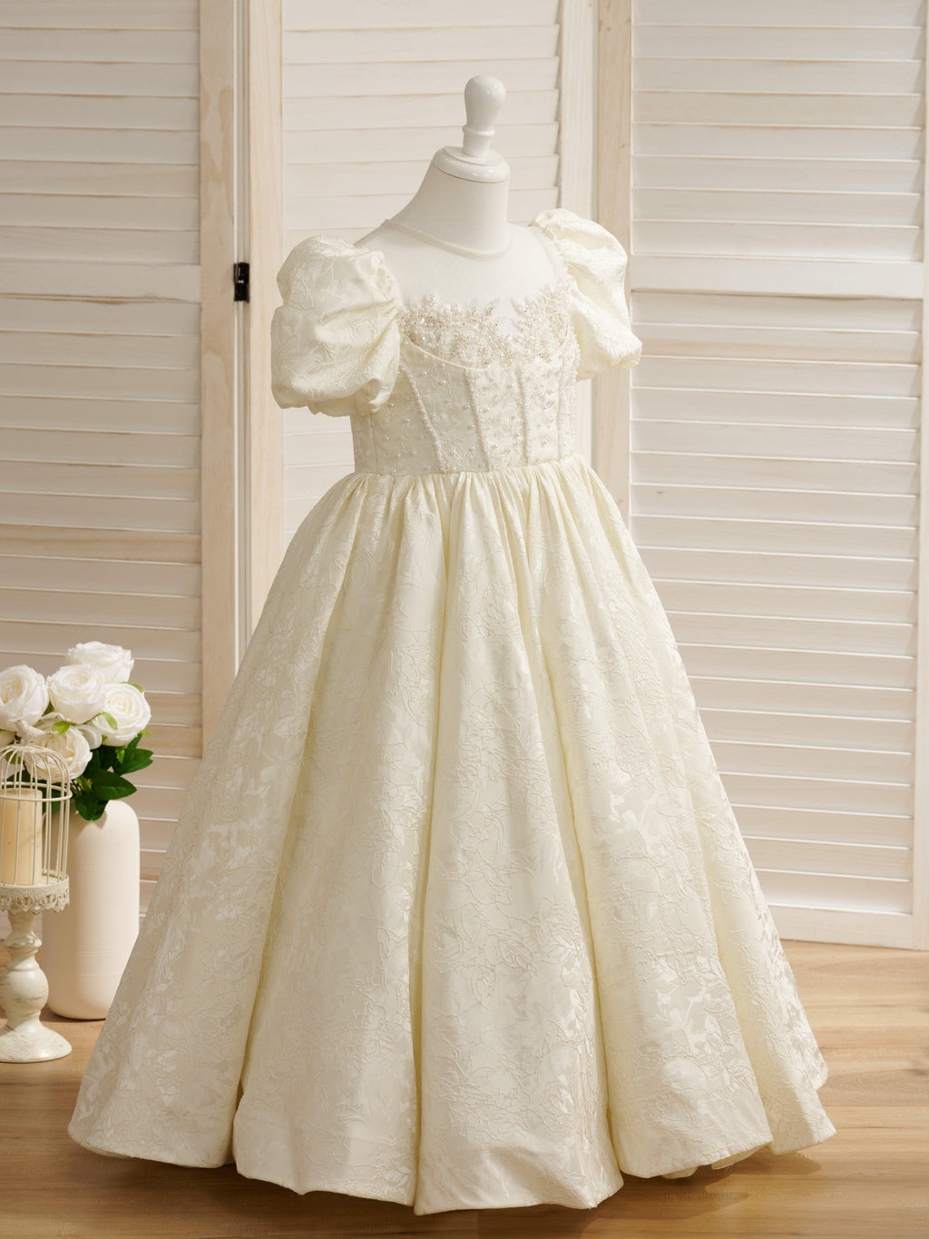 Princess Satin Ball Gown Flower Girl Dress With Beading And Short Sleeves