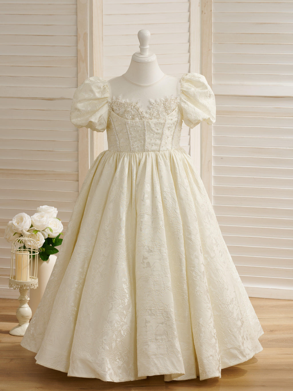 Princess Satin Ball Gown Flower Girl Dress With Beading And Short Sleeves