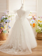 Detachable Lace Tulle Flower Girl Dress With Bow And Sweep Train