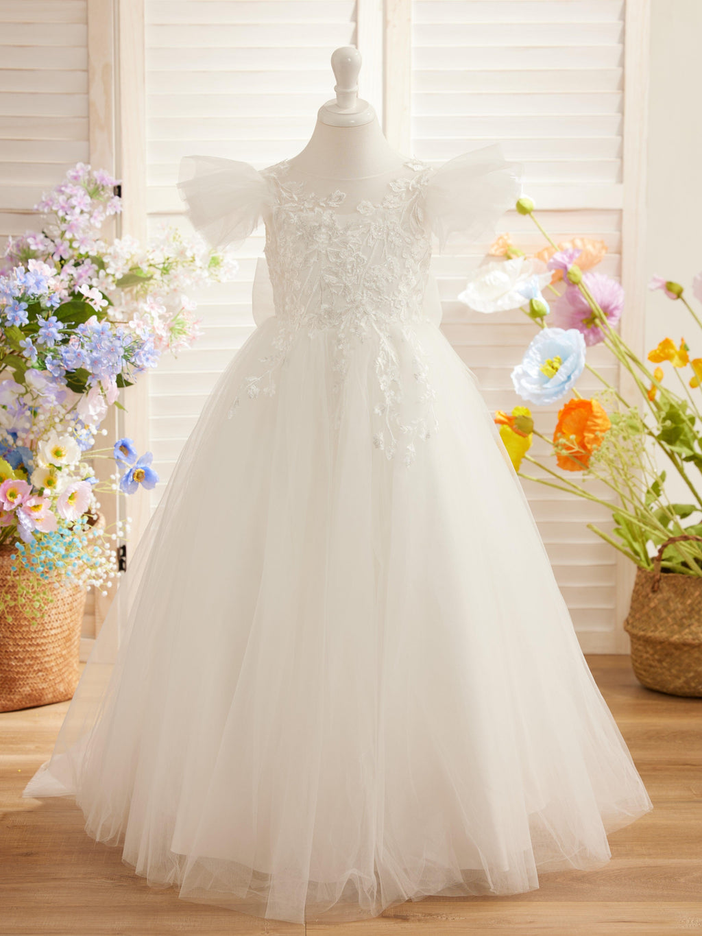 Detachable Lace Tulle Flower Girl Dress With Bow And Sweep Train