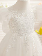 Detachable Lace Tulle Flower Girl Dress With Bow And Sweep Train