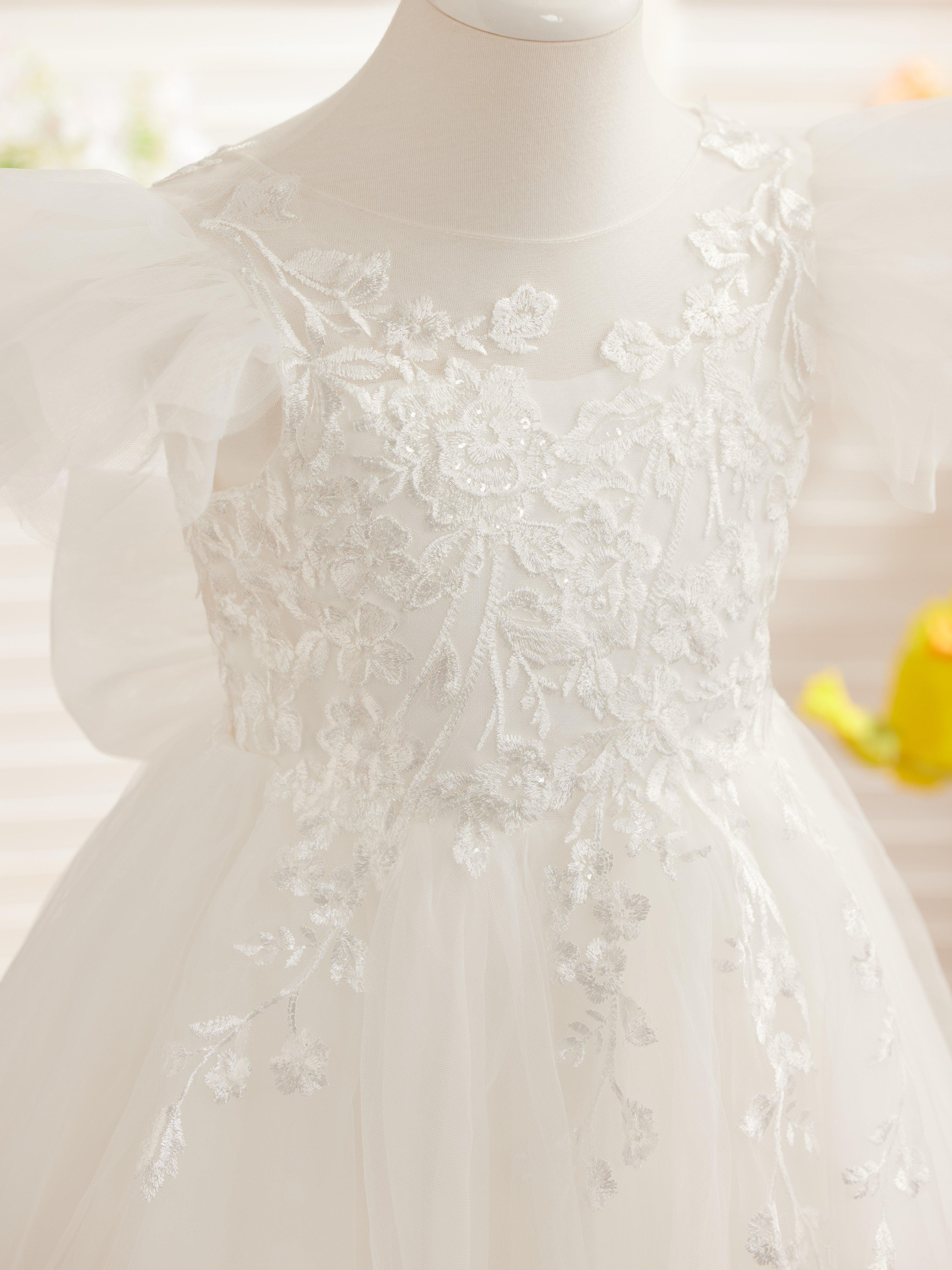 Detachable Lace Tulle Flower Girl Dress With Bow And Sweep Train