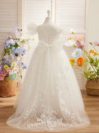 Detachable Lace Tulle Flower Girl Dress With Bow And Sweep Train