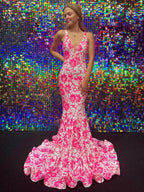 Bailey | Robe de bal sirène rose à col en V avec dentelle et paillettes