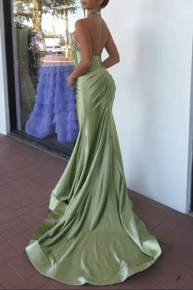 Lilo | Robe longue de bal à corset licou sauge sirène avec ornement en rosette