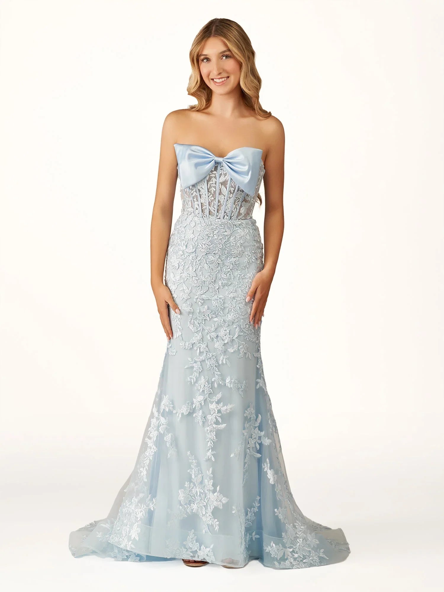 Arvin | Robe longue de bal rouge sirène sans bretelles avec appliques en dentelle et nœud