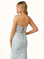 Arvin | Robe longue de bal rouge sirène sans bretelles avec appliques en dentelle et nœud