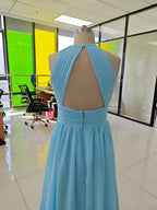 Abiti da sera in chiffon lunghi fino al pavimento, linea a trapezio, collo all'americana, schiena scoperta, pieghetti