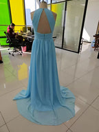 Abiti da sera in chiffon lunghi fino al pavimento, linea a trapezio, collo all'americana, schiena scoperta, pieghetti