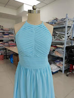 Abiti da sera in chiffon lunghi fino al pavimento, linea a trapezio, collo all'americana, schiena scoperta, pieghetti