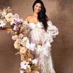 Fairy Blossom Chiffion Maternity Dresses Photoshoot Puff Sleeves Print Floral Maternity Photography Dress Pregnancy Women Gowns