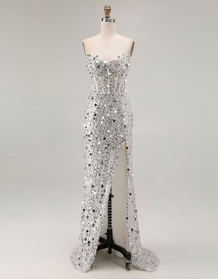 Vestido de Noite de Sereia com Lantejoulas Sem Alças | Vestido de Baile com Decote Coração, Fenda Alta e Cauda