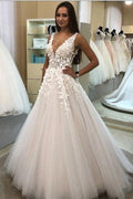 Simple Long A Line 3D Floral Wedding Dress With V Neck Tulle