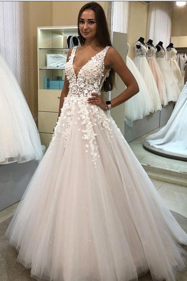 Simple Long A Line 3D Floral Wedding Dress With V Neck Tulle