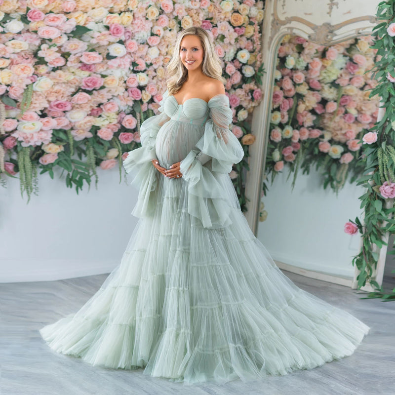 Elegant Tulle Maternity Dress for Photoshoot Ruffle Puff Sleeves Bridal Robe Maternity Gowns Green Pregnancy Photography Dresses