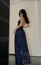 Vestido de Baile Azul-Marinho com Fenda e Lantejoulas Encantadoras Vestido de Noite Sedutor Y7671