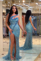 Vintage Long Sequined Beadings One Shoulder Mermaid Prom Dress With Split