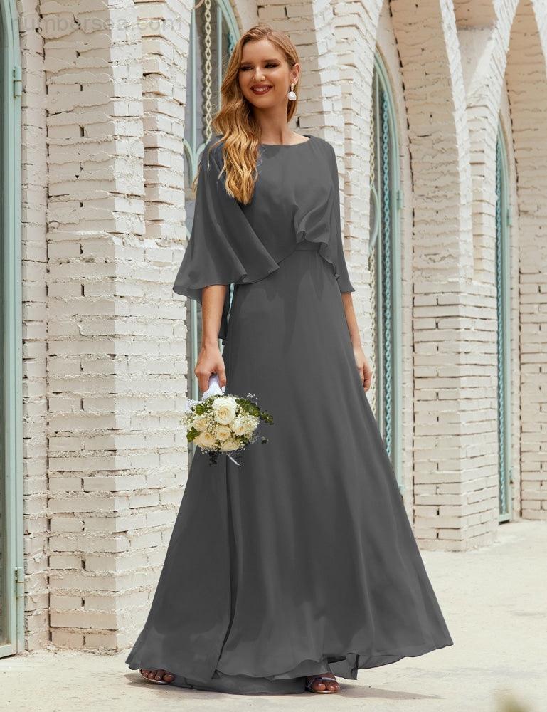 Abito da Damigella Donna Manica Lunga Scollatura a V Chiffon Abito da Cerimonia Matrimonio Festa 28018