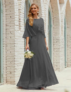 Abito da Damigella Donna Manica Lunga Scollatura a V Chiffon Abito da Cerimonia Matrimonio Festa 28018
