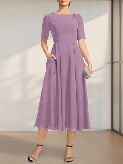 A-Linie U-Ausschnitt Wadenlang Chiffon Kleid für die Brautmutter mit Applikationen Spitze Pailletten
