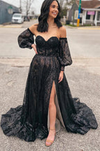 Robe longue de bal noire à paillettes, coupe évasée et décolleté en cœur, style mignon et doux