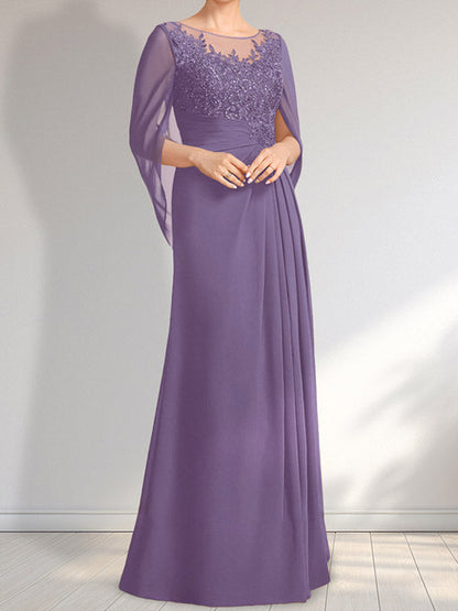 A-Linie, U-Ausschnitt, Illusion, bodenlanges Chiffon-Kleid für die Brautmutter mit plissierten Pailletten