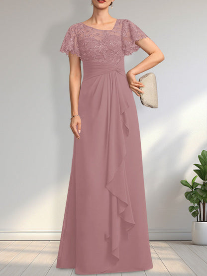 Vestido de madre de la novia de gasa con encaje, ilusión asimétrica, largo hasta el suelo, con volantes en cascada y lentejuelas. 
