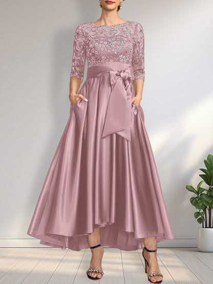 A-Linie U-Ausschnitt Illusion Asymmetrisch Satin Spitze Mutter der Braut Kleid mit Schleife