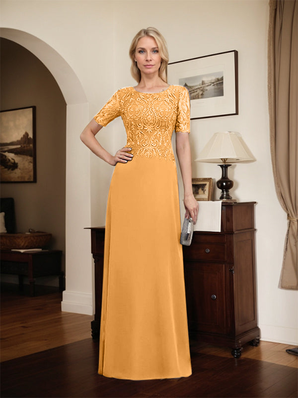 Robe de mère de la mariée en dentelle et mousseline, longueur au sol, en ligne A, décolleté en U, ornée de paillettes